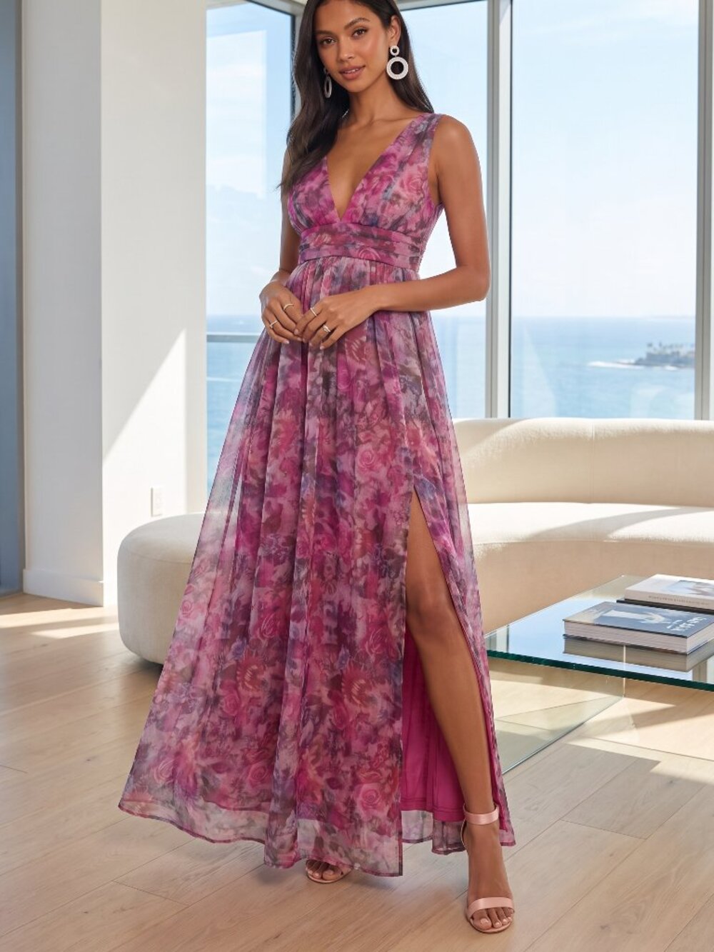NWT LULUS Garden Romance magenta chiffon floral maxi dress S